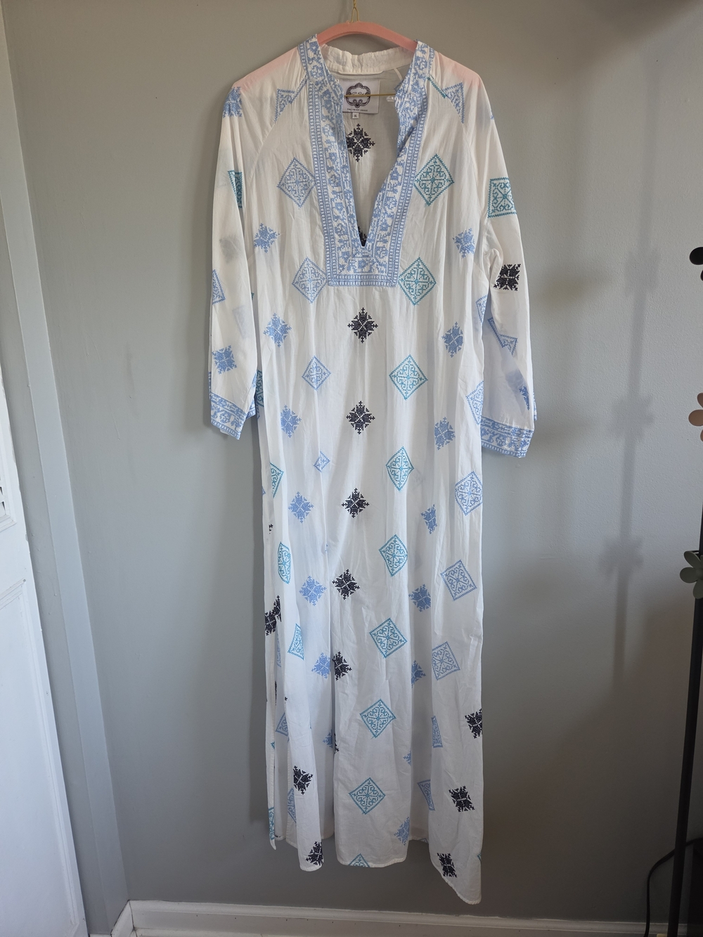 White Embroidered Maxi Tunic Dress with Blue & Teal Accents